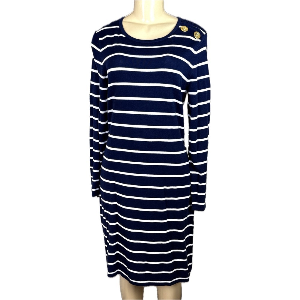 Sail to Sable M Navy White Striped Knit Dress Gold Shoulder Buttons Long Sleeve - Picture 2 of 6